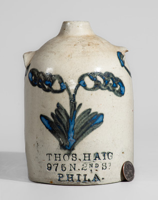 Rare THOS. HAIG / 975 N. 2ND ST. / PHILA Cobalt-Decorated Stoneware Chicken Waterer