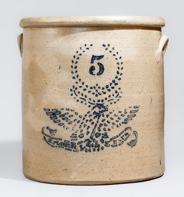 Five-Gallon Ohio Stoneware Crock w/ Stenciled Cobalt Eagle Motif, c1876