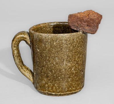 Alkaline-Glazed Stoneware Mug with Applied Kiln Brick, Signed 