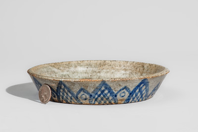 "AM" (Arie Meaders, Cleveland, GA) Stoneware Dish w/ Elaborate Blue Slip Decoration