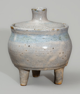 Unusual "AM" (Arie Meaders) Stoneware Footed Pot w/ Lid, Signed