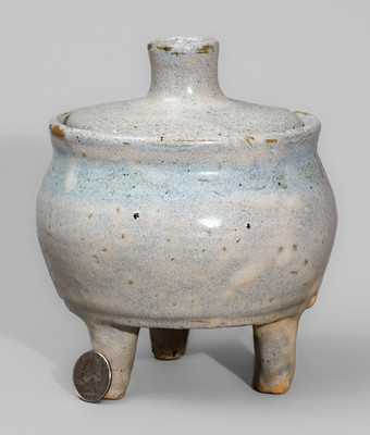 Unusual "AM" (Arie Meaders) Stoneware Footed Pot w/ Lid, Signed