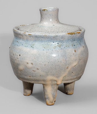 Unusual "AM" (Arie Meaders) Stoneware Footed Pot w/ Lid, Signed