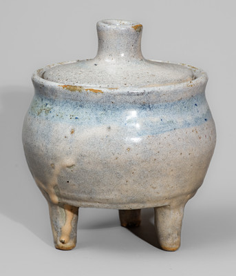 Unusual "AM" (Arie Meaders) Stoneware Footed Pot w/ Lid, Signed