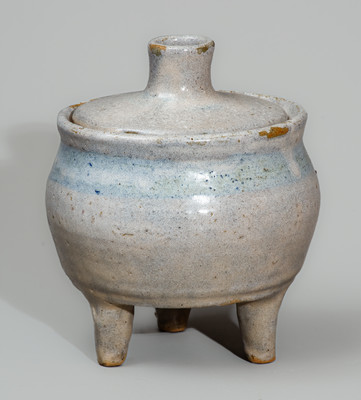 Unusual "AM" (Arie Meaders) Stoneware Footed Pot w/ Lid, Signed