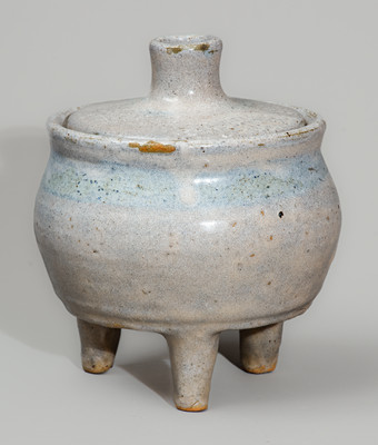 Unusual "AM" (Arie Meaders) Stoneware Footed Pot w/ Lid, Signed