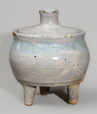 Unusual "AM" (Arie Meaders) Stoneware Footed Pot w/ Lid, Signed