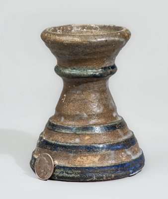 "AM" (Arie Meaders) Stoneware Candlestick w/ Blue Slip Decoration