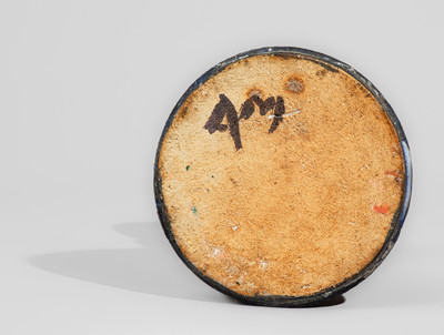 "AM" (Arie Meaders) Stoneware Candlestick w/ Blue Slip Decoration