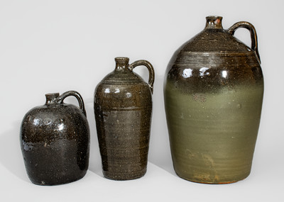 Three Alkaline-Glazed Stoneware Jugs, Meaders Pottery, Cleveland, GA