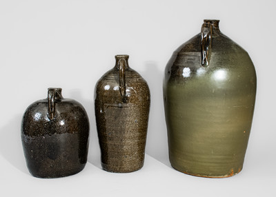 Three Alkaline-Glazed Stoneware Jugs, Meaders Pottery, Cleveland, GA