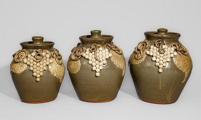 Exceptional Graduated Set of Alkaline-Glazed Lidded Stoneware Jars w/ Grapes Motifs, Signed 