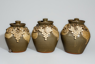 Exceptional Graduated Set of Alkaline-Glazed Lidded Stoneware Jars w/ Grapes Motifs, Signed "Lanier Meaders"