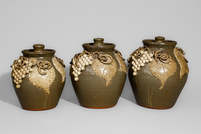 Exceptional Graduated Set of Alkaline-Glazed Lidded Stoneware Jars w/ Grapes Motifs, Signed "Lanier Meaders"