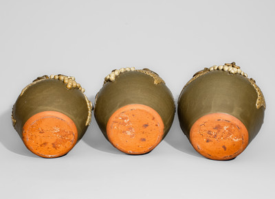 Exceptional Graduated Set of Alkaline-Glazed Lidded Stoneware Jars w/ Grapes Motifs, Signed "Lanier Meaders"