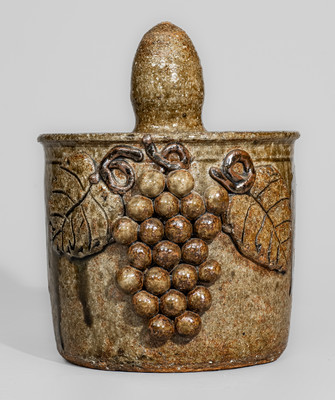 Scarce Early-Period "Lm" (Lanier Meaders) Alkaline-Glazed Stoneware Lidded Jar w/ Grapes Motif