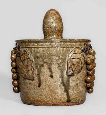 Scarce Early-Period "Lm" (Lanier Meaders) Alkaline-Glazed Stoneware Lidded Jar w/ Grapes Motif