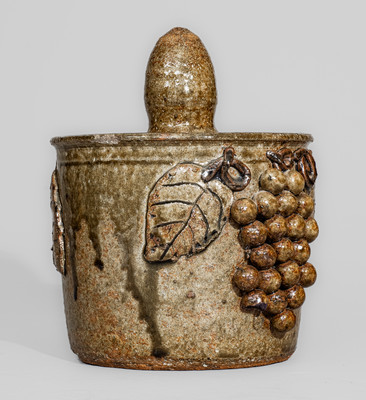 Scarce Early-Period "Lm" (Lanier Meaders) Alkaline-Glazed Stoneware Lidded Jar w/ Grapes Motif