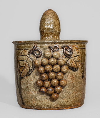Scarce Early-Period "Lm" (Lanier Meaders) Alkaline-Glazed Stoneware Lidded Jar w/ Grapes Motif