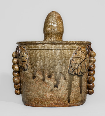 Scarce Early-Period "Lm" (Lanier Meaders) Alkaline-Glazed Stoneware Lidded Jar w/ Grapes Motif