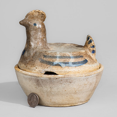 Glazed Stoneware Hen-on-Nest Bowl w/ Blue Slip Decoration, attrib. Arie Meaders