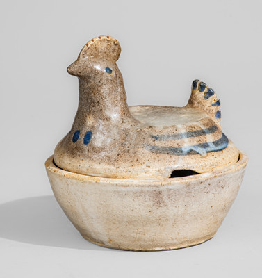 Glazed Stoneware Hen-on-Nest Bowl w/ Blue Slip Decoration, attrib. Arie Meaders