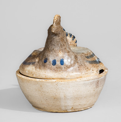 Glazed Stoneware Hen-on-Nest Bowl w/ Blue Slip Decoration, attrib. Arie Meaders