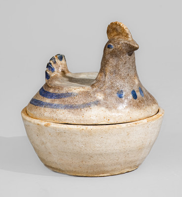 Glazed Stoneware Hen-on-Nest Bowl w/ Blue Slip Decoration, attrib. Arie Meaders