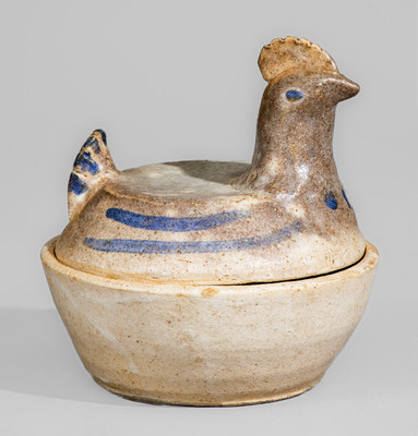 Glazed Stoneware Hen-on-Nest Bowl w/ Blue Slip Decoration, attrib. Arie Meaders