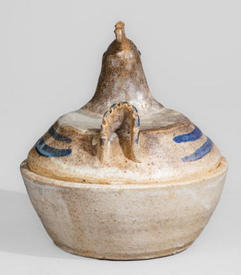Glazed Stoneware Hen-on-Nest Bowl w/ Blue Slip Decoration, attrib. Arie Meaders