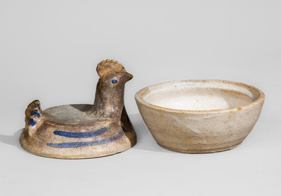 Glazed Stoneware Hen-on-Nest Bowl w/ Blue Slip Decoration, attrib. Arie Meaders