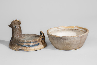 Glazed Stoneware Hen-on-Nest Bowl w/ Blue Slip Decoration, attrib. Arie Meaders