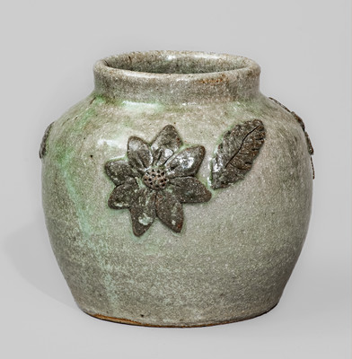 "AM" (Arie Meaders, Cleveland, GA) Stoneware Jar w/ Applied Floral Decoration