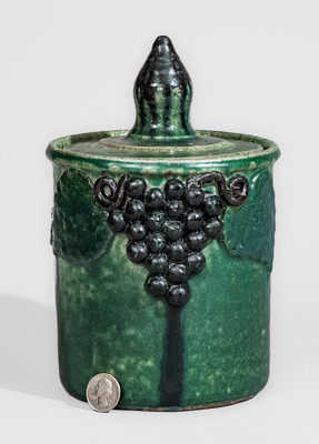 Meaders Family Stoneware Lidded Jar w/ Grapes Motif, Cheever, Arie, or Lanier Meaders, c1960s
