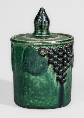 Meaders Family Stoneware Lidded Jar w/ Grapes Motif, Cheever, Arie, or Lanier Meaders, c1960s