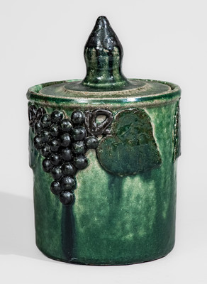 Meaders Family Stoneware Lidded Jar w/ Grapes Motif, Cheever, Arie, or Lanier Meaders, c1960s