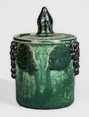 Meaders Family Stoneware Lidded Jar w/ Grapes Motif, Cheever, Arie, or Lanier Meaders, c1960s