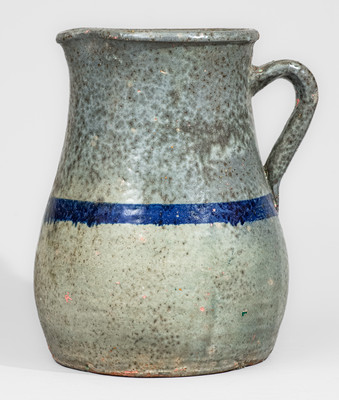 Alkaline-Glazed Stoneware Pitcher with Cobalt Stripe, attrib. Cheever Meaders