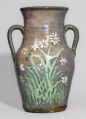 Alkaline-Glazed Stoneware Vase w/ Green-Slip Highlights and Painted Floral Decoration, Arie and/or Cheever Meaders