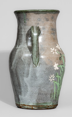 Alkaline-Glazed Stoneware Vase w/ Green-Slip Highlights and Painted Floral Decoration, Arie and/or Cheever Meaders