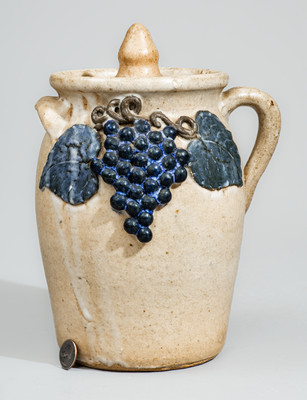 Scarce "Lm" (Lanier Meaders) Early-Period Glazed Stoneware Lidded Jar w/ Grapes Motif, c1960s