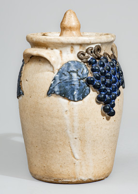 Scarce "Lm" (Lanier Meaders) Early-Period Glazed Stoneware Lidded Jar w/ Grapes Motif, c1960s
