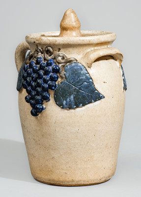 Scarce "Lm" (Lanier Meaders) Early-Period Glazed Stoneware Lidded Jar w/ Grapes Motif, c1960s