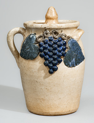 Scarce "Lm" (Lanier Meaders) Early-Period Glazed Stoneware Lidded Jar w/ Grapes Motif, c1960s