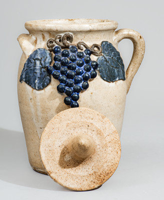 Scarce "Lm" (Lanier Meaders) Early-Period Glazed Stoneware Lidded Jar w/ Grapes Motif, c1960s