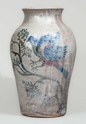 Outstanding and Important Large-Sized Stoneware Vase w/ Exuberant Bird-and-Stump Decoration, attrib. Arie Meaders
