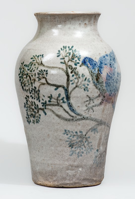 Outstanding and Important Large-Sized Stoneware Vase w/ Exuberant Bird-and-Stump Decoration, attrib. Arie Meaders