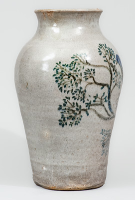 Outstanding and Important Large-Sized Stoneware Vase w/ Exuberant Bird-and-Stump Decoration, attrib. Arie Meaders