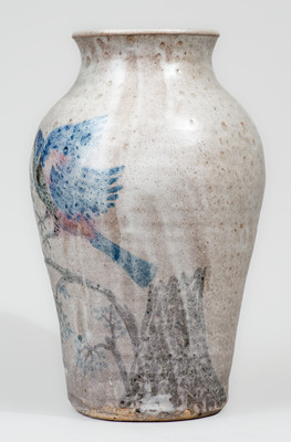Outstanding and Important Large-Sized Stoneware Vase w/ Exuberant Bird-and-Stump Decoration, attrib. Arie Meaders