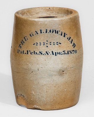 Rare Western PA Stoneware Canning Jar: THE GALLOWAY JAR / 1870